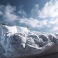 White bed floating in the sky. AI generated