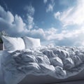 White bed floating in the sky. AI generated