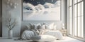 White bedroom 3D interior light panorama windows. Modern nordic style design. White soft pillows wooden furniture indoor