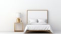 Minimalistic White Bedroom Interior With Golden Bedside Table And 3d Bed Frame Royalty Free Stock Photo