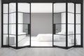 White bedroom, gray wall, doors