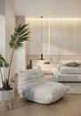 White bedroom interior design, earth tones ideas. 3d rendering vertical image