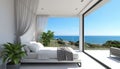 White bedroom interior in high-tech style on an open terrace with a sea view. Royalty Free Stock Photo
