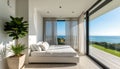 White bedroom interior in high-tech style on an open terrace with a sea view. Royalty Free Stock Photo