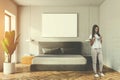 White bedroom interior, poster, woman Royalty Free Stock Photo