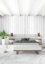 White bedroom minimal style Interior design with wood wall and grey sofa. 3D Rendering. 3D illustration Royalty Free Stock Photo