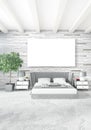 White bedroom minimal style Interior design with wood wall and grey sofa. 3D Rendering. 3D illustration Royalty Free Stock Photo