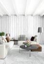 White bedroom minimal style Interior design with wood wall and grey sofa. 3D Rendering. Royalty Free Stock Photo