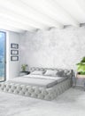 White bedroom minimal style Interior design with wood wall and grey sofa. 3D Rendering.