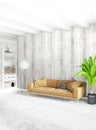 White bedroom minimal style Interior design with wood wall and grey sofa. 3D Rendering. Royalty Free Stock Photo