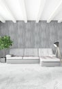 White bedroom minimal style Interior design with wood wall and grey sofa. 3D Rendering. Royalty Free Stock Photo