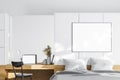White bedroom, poster and home office, close up Royalty Free Stock Photo