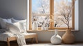 White bedroom with spring flowers decor,Indoor house in modren minimal style with morning sunlight shining from window, Generative