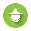 White Beekeeper with protect hat icon isolated with long shadow. Special protective uniform. Green circle button. Vector