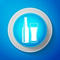 White Beer bottle and glass icon isolated on blue background. Alcohol Drink symbol. Circle blue button with white line Royalty Free Stock Photo