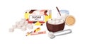 White beet granulated, refined sugar packed in box package for cube pieces, bowl, sand in jar with spoon, pliers, sweet
