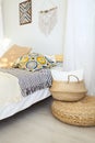 White and beige bedroom in boho style Royalty Free Stock Photo