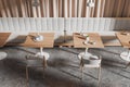 White and beige cafe interior with curtains and sofas, top view Royalty Free Stock Photo