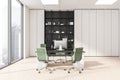 White and beige panoramic office with green rolling chairs