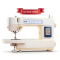 White and Beige Sewing Machine with Red Ribbon Banner and QR Code appliance craft Royalty Free Stock Photo