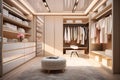 White and beige wood women walk in closet, with warm wooden wardrobe, white drawer and armchair, modern luxury mixed with minimal