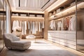 White and beige wood women walk in closet, with warm wooden wardrobe, white drawer and armchair, modern luxury mixed with minimal