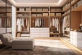 White and beige wood women walk in closet, with warm wooden wardrobe, white drawer and armchair, modern luxury mixed with minimal