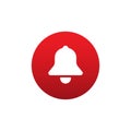 White bell on red round background button for apps like youtube, alert ringing or subscriber alarm symbol