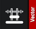 White Bench with barbel icon isolated on black background. Gym equipment. Bodybuilding, powerlifting, fitness concept Royalty Free Stock Photo