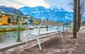 The white bench on embankment, Bad Ischl, Salzkammergut, Austria