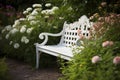 White bench in floral garden. Generate ai