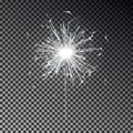 White bengal fire. New year sparkler candle isolated on transparent background. Realistic vector lig