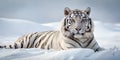 A white bengal tiger calm lying on fresh snow AI-Created Content