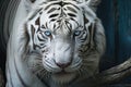 White bengal tiger. Free wild tiger in natural habitat in jungle. Proud look. Strength and power of wild beast. Noble