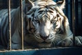 White Bengal tiger locked in cage. Lonely tiger in cramped jail behind bars with sad look. Concept of keeping animals in