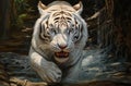 White Bengal tiger in oil painting style. Tiger walking among the jungle across the river. Beautiful background Royalty Free Stock Photo