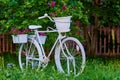 A white bicycle adorns a section of the park. Landscaping. Decorative flowers, grass and bushes.