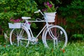 A white bicycle decorates part of the park. Landscaping. Decorative flowers, grass and shrubs. Fence in blur in the