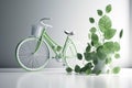 White bicycle and green leafs - sustainable and eco friendly or green transportration concept. Generative AI Royalty Free Stock Photo