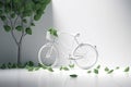 White bicycle and green leafs - sustainable and eco friendly or green transportration concept. Generative AI Royalty Free Stock Photo