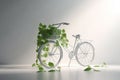 White bicycle and green leafs - sustainable and eco friendly or green transportration concept. Generative AI Royalty Free Stock Photo