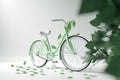 White bicycle and green leafs - sustainable and eco friendly or green transportration concept. Generative AI Royalty Free Stock Photo