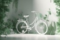 White bicycle and green leafs - sustainable and eco friendly or green transportration concept. Generative AI Royalty Free Stock Photo