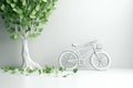 White bicycle and green leafs - sustainable and eco friendly or green transportration concept. Generative AI Royalty Free Stock Photo