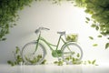 White bicycle and green leafs - sustainable and eco friendly or green transportration concept. Generative AI Royalty Free Stock Photo