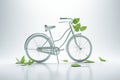 White bicycle and green leafs - sustainable and eco friendly or green transportration concept. Generative AI Royalty Free Stock Photo