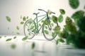 White bicycle and green leafs - sustainable and eco friendly or green transportration concept. Generative AI Royalty Free Stock Photo