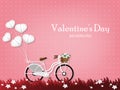 White bicycle with heart shape balloon and with wicker basket full of spring flowers on field with your copy space. Royalty Free Stock Photo