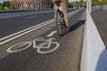 White bicycle icon symbol  and people ride bicycle on bicycle lane. Royalty Free Stock Photo