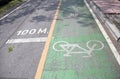 The white bicycle painting on the green bike lane on the line of 100 meters distance. Royalty Free Stock Photo